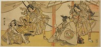 Right-Hand Page: The Actors Bando Hikosaburo III as Soga no Goro (right), and Segawa Kikunojo IV as Onna Asahina (left), in the Play Ume-goyomi Akebono Soga; Left-hand Sheet: The Actors Onoe Matsusuke I as Furugori Shinzaemon (left), and Ichikawa Danjuro V and Kagekiyo (right) in the Play Hatsumombi Kuruwa Soga, Performed at the Nakamura Theater in the First Month, 1780 by Katsukawa Shunkо̄