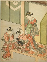 Courtesan and Two Attendants Playing with a Dog by Suzuki Harunobu