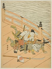Ushiwakamaru and Benkei fighting on Gojo Bridge by Suzuki Harunobu