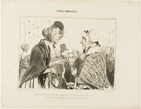 “- Oh, here you are..... what do you have there?..... - Let's not talk about it.... we are having guests, and I just did my shopping,” plate 6 from Types Parisiens by Honoré-Victorin Daumier