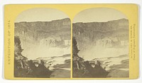 Shoshone Falls, Snake River, Idaho, Main Fall, 210 feet from upper to lower level, width of fall, 800 feet from upper to lower level; Height of Cañon wall at the falls, 1.000 feet. A number of minor falls, Islands, and boulder rocks above the main fall add beauty to the lonely majesty of this scene, No. 48 from the series "Geographical Explorations and Surveys West of the 100th Meridian" by Timothy O'Sullivan