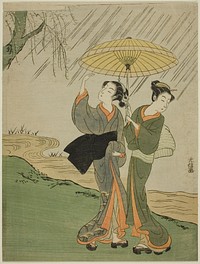 Two Young Girls in a Rain Shower by Mitsunobu