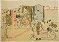 The First Childbirth (Uizan), the seventh sheet of the series "Marriage in Brocade Prints, the Carriage of the Virtuous Woman (Konrei nishiki misao-guruma)" by Suzuki Harunobu