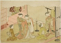 The Bride Changing Clothes (Iro-naoshi), the fifth sheet of the series "Marriage in Brocade Prints, the Carriage of the Virtuous Woman (Konrei nishiki misao-guruma)" by Suzuki Harunobu