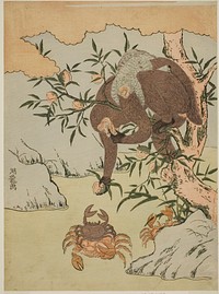 Monkey playing with crabs by Isoda Koryusai