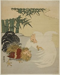 Cocks Fighting near Bamboo Grove by Isoda Koryusai