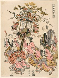 Carrying a Lantern Decorated with a Pavilion, Gohei, Flowers, and Fan (Sekiguchi-cho Rosoku-cho no banto), from the series "The Festival of the Kanda Shrine (Kanda go-sairei)" by Torii Kiyonaga (Publisher)