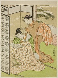 Girl Playing a Prank on a Young Man who is Napping by Isoda Koryusai