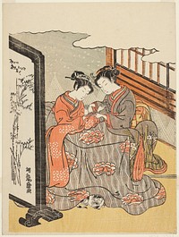 Two Young Women Playing Cat's Cradle by Isoda Koryusai