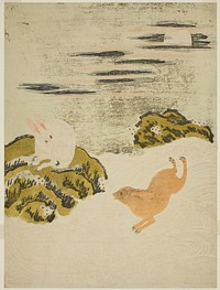 Hares Playing in Surf on a Moonlit Night by Isoda Koryusai