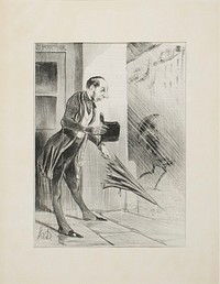 New patented umbrella, with an improved spring system, to swiftly open at the slightest touch.(please refer to our advertisement in the matter), plate 33 from Émotions Parisiennes by Honoré-Victorin Daumier