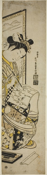 Woman Writing a Letter in Front of a Screen by Ishikawa Toyonobu