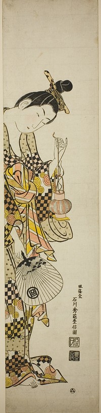 A Courtesan Holding a Lantern and a Fan by Ishikawa Toyonobu
