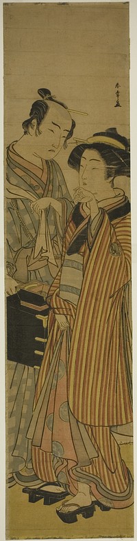 The Actors Segawa Kikunojo III as Okoma (right), and Arashi Sangoro III as the Hairdresser Obana Saizaburo (left), in the Play Koi Musume Mukashi Hachijo, Performed at the Nakamura Theater in the Third Month, 1776 by Katsukawa Shunsho