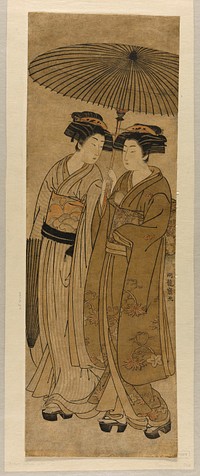 Two Young Women Walking Under an Umbrella by Isoda Koryusai