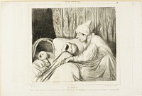 Sense of Hearing. “- Wake up Nini!.... I have been calling her for more than an hour, and she always replies: yes Adolphe. But neither the child's name nor mine is Adolphe!,” plate 41 from Types Parisiens by Honoré-Victorin Daumier