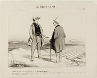 “- What do you mean, there are soon going to be air trains? - But of course, Monsieur... you see, it will then be very easy to establish a connection between Dover and Calais... but of course, the project is still suspended in air,” plate 14 from The Railroad by Honoré-Victorin Daumier