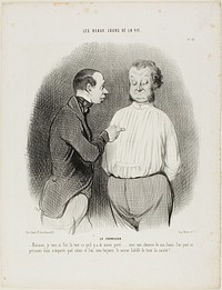 The Shirt Maker. “Sir, I have tailored here for you the best that is presently available..... with a shirt of my making one can present oneself in no matter what Salon and one will always be the best dressed man of the party,” plate 67 from Les Beaux Jours De La Vie by Honoré-Victorin Daumier