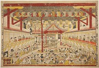 Large Perspective Picture of the Kaomise Performance on the Kabuki Stage (Shibai kyogen butai kaomise o uki-e) by Okumura Masanobu