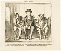 “- Inspite of all their assertions that their guns are only loaded with small shots, it is nonetheless annoying to be aimed at the head like this for three consecutive hours... I tremble at the thought that they might dream of an encounter with a rabbit...,” plate 13 from Émotions De Chasse by Honoré-Victorin Daumier