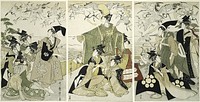 Parody of Minamoto no Yoritomo releasing cranes at Yuigahama by Kitagawa Utamaro