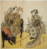 The Actors Iwai Hanshiro IV as Okume (right), and Ichikawa Monnosuke II as Koshiba Yukienojo Disguised as the Eboshi Seller Rokusaburo (left), in the Play Katakiuchi Adana Kashiku, Performed at the Nakamura Theater in the Seventh Month, 1779 by Katsukawa Shunkо̄