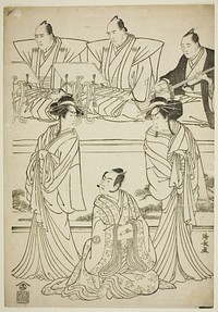 The Actors Segawa Kikunojo III as the ghost of Yatsuhashi, Sawamura Sojuro III as Soga no Juro, and Ichikawa Danjuro V as the ghost of Seigen, in the play "Sono Omokage Matsu ni Sakura," performed at the Nakamura Theater in the first month, 1783 by Torii Kiyonaga