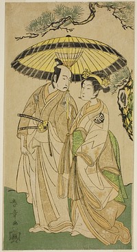 The Actors Arashi Hinaji I (right), and Ichikawa Komazo II (left), as Princess Sakura (Sakura Hime) (?) and Shimizu Tonoinosuke (?), in the Play Soga Moyo Aigo no Wakamatsu (?), Performed at the Nakamura Theater (?) in the Third Month, 1769 (?) by Katsukawa Shunsho