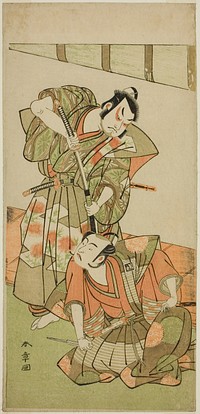 The Actors Ichikawa Yaozo II as Konoshita Hyokichi (?) (right), and Sakata Hangoro II as Matsunaga Daizen Hisahide (?) (left), in the Play Gion Sairei Shinko Ki (?), Perfomred at the Ichimura Theater (?) in the Fifth Month, 1775 (?) by Katsukawa Shunsho