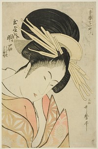 Akashi of the Tamaya, from the series Seven Komachis of Yoshiwara (Seiro nana Komachi) (Tamaya uchi Akashi, Uraji, Shimano) by Kitagawa Utamaro