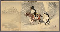 Our Officers Scouting the Enemy Camp in a Snow Storm (Oyuki o okashite waga shoko tanshin tekichi o teisatsu no zu) by Taguchi Beisaku