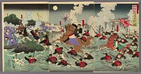 Fierce Fighting at Anseong Crossing in Korea (Chosen Anjo watashi no gekisen no zu) by Utagawa Kokunimasa