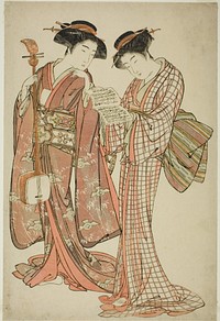 Two Geisha Holding a Shamisen and a Song Book by Kitao Shigemasa