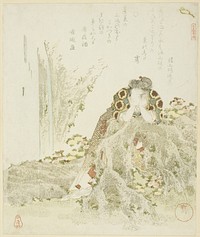Chrysanthemum Boy leaning on a rock, from the series "Five Prints on Longevity (Kotobuki goban no uchi) by Yanagawa Shigenobu I
