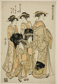 The Courtesan Maizumi of the Daimonjiya with Her Attendants Shigeki and Naname, from the series "Models for Fashion: New Designs as Fresh as Young Leaves (Hinagata wakana no hatsu moyo)" by Torii Kiyonaga