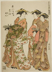 The Courtesan on PaThe Courtesan Toji of the Ogiya with Her Attendants Satoji and Uraji, from the series "Models for Fashion: New Designs as Fresh as Young Leaves (Hinagata wakana no hatsu moyo)",rade in the Yoshiwara Accompanied by her Kamuro and by the oiran Satoji and Uraji by Torii Kiyonaga (Publisher)