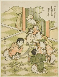 No. 4: Chinese boys playing a raffle game, from the series "Children Say 'This is Japan!' and Imitate the Games They See in Picturebooks (Yodo iu koitsu wa Nippon, ezoshi o mite yori sono gai ni asobu)" by Torii Kiyonaga (Publisher)