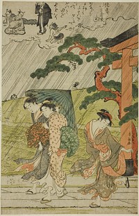 Sudden Shower at Mimeguri Shrine by Torii Kiyonaga