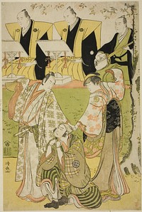 The Actors Ichikawa Monnosuke II as Munesada, Segawa Kikunojo III as the courtesan Sumizome, and Nakamura Nakazo I as Sekibei, in the play "Tsumoru Koi Yuki no Seki no To," performed at the Kiri Theater in the eleventh month, 1784 by Torii Kiyonaga