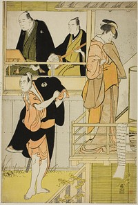 The Actors Nakamura Riko I as Tanbaya Otsuma and Ichikawa Yaozo III as Furuteya Hachirobei, in the joruri "Sakamachi Yoi no Yotsutsuji," performed at the Nakamura Theater in the third month, 1785 by Torii Kiyonaga