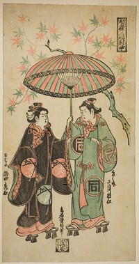 The Actor Sanogawa Ichimatsu I as Kumenosuke and Takinaka Hidematsu I as Oume, from "Sharing an Umbrella: A Triptych (Aigasa sanpukutsui)" by Torii Kiyonobu II