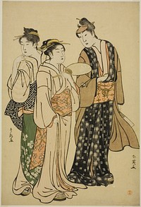 The Actor Iwai Hanshiro IV in Street Attire (by Shun'ei) Conversing with Two Women (by Shuncho) by Katsukawa Shun'ei