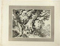 Old Trees with Old Man, a Girl, and a Dog, from the first issue of Specimens of Polyautography by Richard Corbould