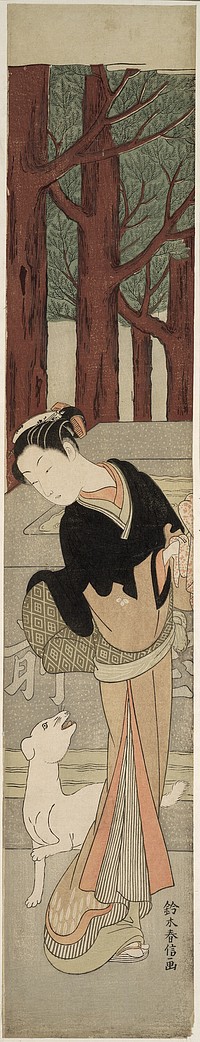 Beauty and a White Dog at a Shrine by Suzuki Harunobu