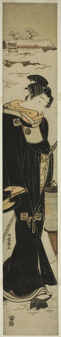 Young Man with a Lantern Walking in Snow by Isoda Koryusai