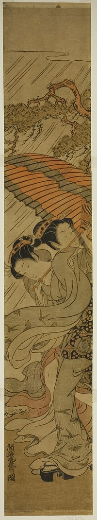 Two Young Women with Umbrella Caught in Rainstorm by Isoda Koryusai