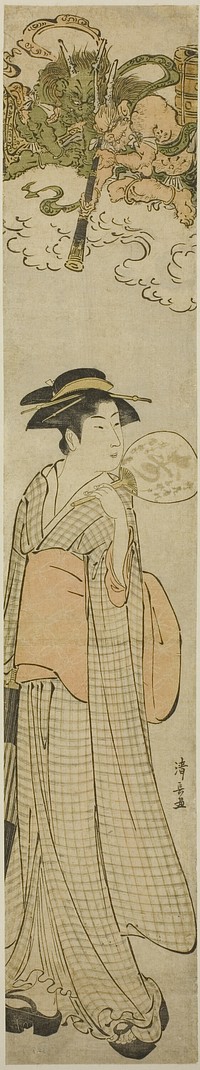 Thunder gods peeping at a beauty through a telescope by Torii Kiyonaga