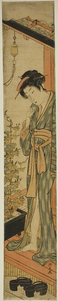 Woman Admiring Morning Glories while Brushing Her Teeth by Torii Kiyonaga