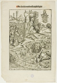 Pharoah and His Host Perishing in the Red Sea (verso); The Freeing of King Joachim of Jerusalem (recto), pages 56 and 55, from the Treasury (Schatzbehalter) by Michel Wolgemut