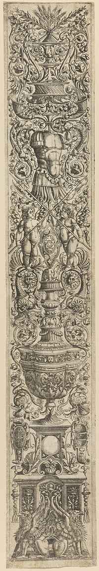 Griffins and Two Cupids Crossing Halberds, plate five of Twelve Ornament Panels by Giovanni Antonio da Brescia